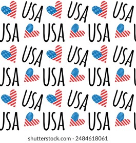 Vector seamless pattern of hand drawn sketch doodle USA flag heart and lettering isolated on white background