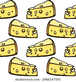 Vector seamless pattern with hand drawn pieces of delicious cheese. Ink drawing, graphic style. Beautiful food design elements. Perfect for prints and patterns