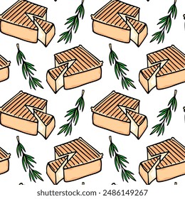 Vector seamless pattern with hand drawn delicious square French cheese with rosemary twigs. Ink drawing, graphic style. Beautiful food design elements. Perfect for prints and patterns