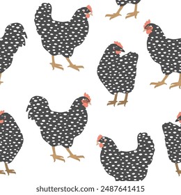 Vector seamless pattern with hand drawn black speckled chickens. Farming background.