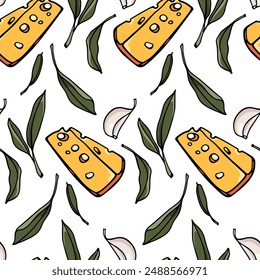 Vector seamless pattern with hand drawn pieces of delicious cheese with sage and garlic. Ink drawing, graphic style. Beautiful food design elements. Perfect for prints and patterns