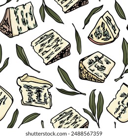 Vector seamless pattern with hand drawn pieces of delicious soft cheese and sage leaves. Ink drawing, graphic style. Beautiful healthy eating design elements. Perfect for prints and patterns