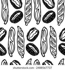 Vector seamless pattern with hand drawn traditional German sesame buns and French baguettes. Ink drawing, heavy graphic style. Beautiful food or bakery design elements, perfect for prints and patterns