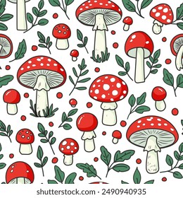 Vector Seamless Pattern with Hand Drawn Cartoon Flat Mushrooms on White Background. Amanita Muscaria, Fly Agaric Illustration, Mushrooms Collection. Magic Mushroom Symbol, Design Template