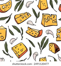 Vector seamless pattern with hand drawn pieces of delicious cheese with sage and garlic. Ink drawing, graphic style. Beautiful food design elements. Perfect for prints and patterns