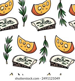 Vector seamless pattern with hand drawn pieces of delicious cheese with rosemary twigs. Ink drawing, graphic style. Beautiful food design elements. Perfect for prints and patterns