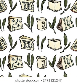 Vector seamless pattern with hand drawn pieces of delicious soft cheese and sage leaves. Ink drawing, graphic style. Beautiful healthy eating design elements. Perfect for prints and patterns