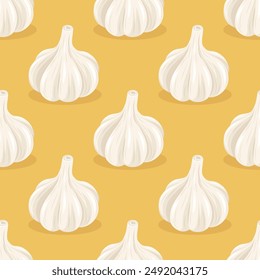 Vector Seamless Pattern with Hand Drawn Garlic Bulb on Yellow Background. Vegetable Vector Illustration. Whole Garlic Head in Flat Style. Seasoning Spice and Food Design Element