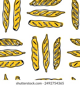 Vector seamless pattern with hand drawn traditional French baguettes. Ink drawing, heavy graphic style. Beautiful food or bakery design elements, perfect for prints and patterns