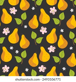 Vector seamless pattern with hand drawn pears, leaves and flowers on a black background. Perfect for wrapping paper, packaging, textile. 