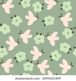 Vector seamless pattern with hand drawn flying birds with flowers . Lovely romantic endless background for Valentines day, holiday design, wallpaper, fabric. Flat cartoon illustration