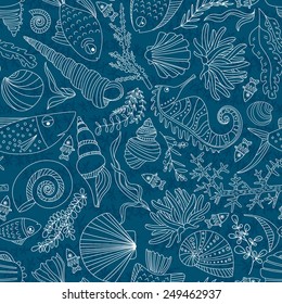 Vector seamless pattern with hand drawn fishes, corrals, shells, seaweeds, sea-horse and other underwater creatures. Ocean background. Tropical sea life design.