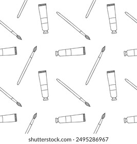Vector seamless pattern of hand drawn sketch doodle outline paint brush and tube isolated on white background
