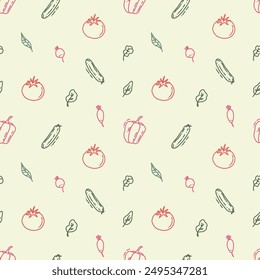 vector seamless pattern with hand drawn vegetables. colorful background with outline elements