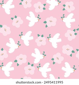 Vector seamless pattern with hand drawn flying birds with flowers . Lovely romantic endless background for Valentines day, holiday design, wallpaper, fabric. Flat cartoon illustration