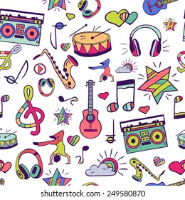 Vector seamless pattern, hand drawn, doodles. Vector design elements: notes, musical instruments, music. Illustration can be used for gift paper, websites, banners, flyers, posters, surface texture.