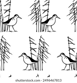 Vector seamless pattern with hand drawn sweet sandpiper in cattails thickets. Ink drawing, decorative graphic style. Beautiful wildlife design elements, perfect for prints and patterns