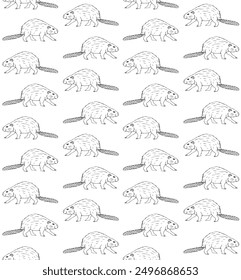 Vector seamless pattern of hand drawn sketch doodle outline beaver isolated on white background