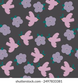 Vector seamless pattern with hand drawn flying birds with flowers . Lovely romantic endless background for Valentines day, holiday design, wallpaper, fabric. Flat cartoon illustration	

