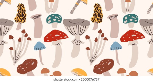 Vector Seamless Pattern with Hand Drawn Cartoon Flat Mushrooms various color and shapes on White Background. Amanita Symbol, Design Template ,autumn fall cozy elements