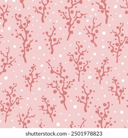 Vector seamless pattern with hand drawn branches with berries. Cute design for Christmas wrappings, wallpapers, textile and backgrounds.