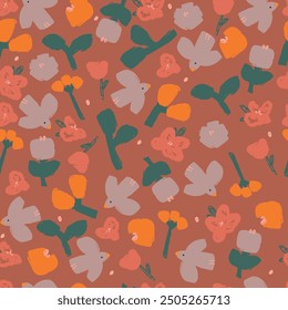 Vector seamless pattern with hand drawn flying birds with flowers . Lovely romantic endless background for Valentines day, holiday design, wallpaper, fabric. Flat cartoon illustration
