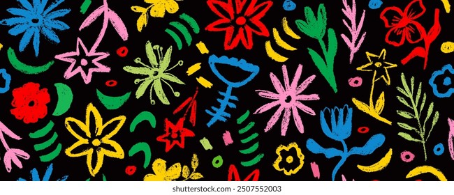 Vector seamless pattern with hand drawn colorful flowers and leaves. Charcoal drawing flowers and leaves, small branches. Artistic botanical cliparts. Flower silhouettes painted with charcoal.