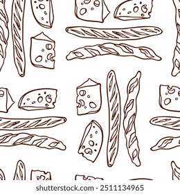 Vector seamless pattern with hand drawn fresh baguettes and cuts of delicious Emmental cheese. Ink drawing, heavy graphic style. Beautiful food design elements. Perfect for prints and patterns