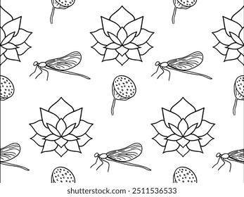 Vector seamless pattern with hand drawn blooming lotus flowers and leaves, dragonfly. Traditional oriental print. Best for textile.
