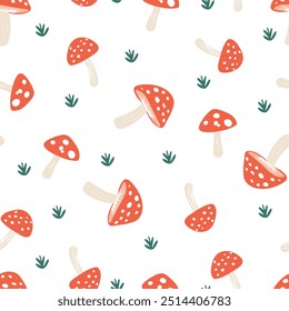 Vector Seamless Pattern with Hand Drawn Cartoon Flat Mushrooms on White Background. 