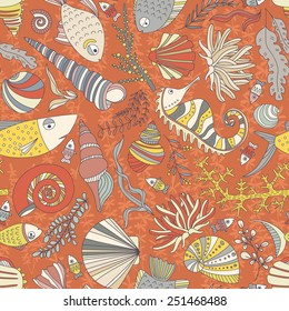Vector seamless pattern with hand drawn fishes, corrals, shells, seaweeds, sea-horse and other underwater creatures. Ocean background. Tropical sea life design.