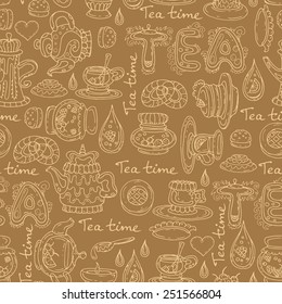 Vector seamless pattern with hand drawn and isolated symbols of tea time on brown background. Background for use in design, web site, packing, textile, fabric