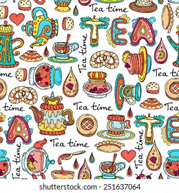 Vector seamless pattern with hand drawn and isolated symbols of tea time. Background for use in design, web site, packing, textile, fabric