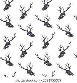 Vector seamless pattern of hand drawn sketch doodle deer skull isolated on white background