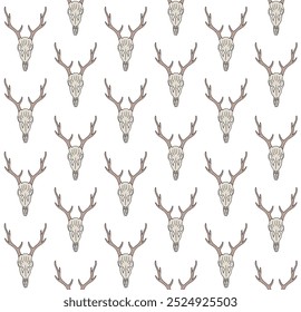 Vector seamless pattern of hand drawn sketch doodle colored deer skull isolated on white background