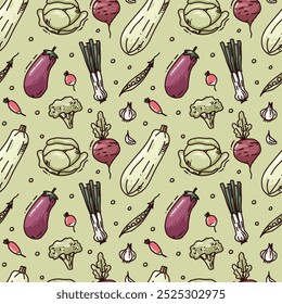 vector seamless pattern with hand drawn vegetables. colorful background with cute elements