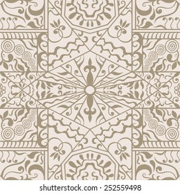 Vector seamless pattern, hand drawn sketch, tribal ethnic ornament, fabric texture. Monochrome background
