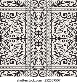 Vector seamless pattern, hand drawn sketch, tribal ethnic ornament, fabric texture. Monochrome background