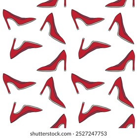 Vector seamless pattern of hand drawn sketch doodle female high heel red shoes isolated on white background