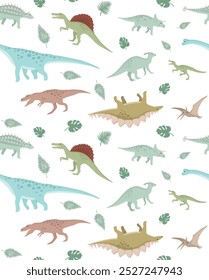 Vector seamless pattern of hand drawn flat dinosaur isolated on white background