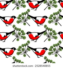 Vector seamless pattern with hand drawn cute bullfinches with green floral twigs made with ink. Beautiful animal and Christmas design elements. Perfect for prints and patterns