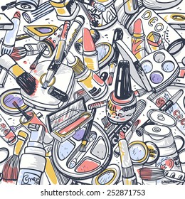 vector seamless pattern with hand drawn make up stuff