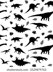 Vector seamless pattern of hand drawn flat dinosaur silhouette isolated on white background