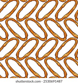 Vector seamless pattern with hand drawn traditional Jerusalem sesame bread - Jerusalem bagel. Ink drawing, graphic style. Beautiful food design elements, perfect for prints and patterns