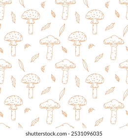 vector seamless pattern with hand drawn outline leaves and mushrooms