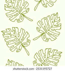 Vetor padrão sem emenda de folhas tropicais desenhadas à mão. Contorno de folhas de monstros. Fundo floral natural para papel de embrulho, impressão, tecido, etc.