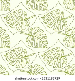 Vector seamless pattern of hand drawn tropical leaves. Outline monstera leaves. Nature floral background for wrapping paper, print, fabric, etc.