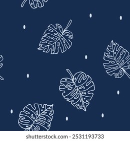 Vector seamless pattern of hand drawn tropical leaves. Outline monstera leaves. Nature floral background for wrapping paper, print, fabric, etc.