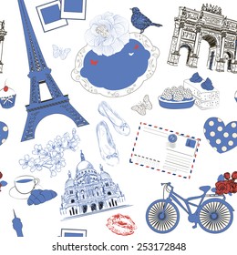 Vector Seamless pattern hand drawn illustration with Paris symbols 