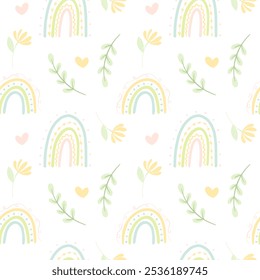 Vector seamless pattern of hand drawn rainbows, leaves and hearts isolated on white background. Seamless patterns for children's fabric or wallpaper. Pastel rainbows with hearts for Valentine's Day